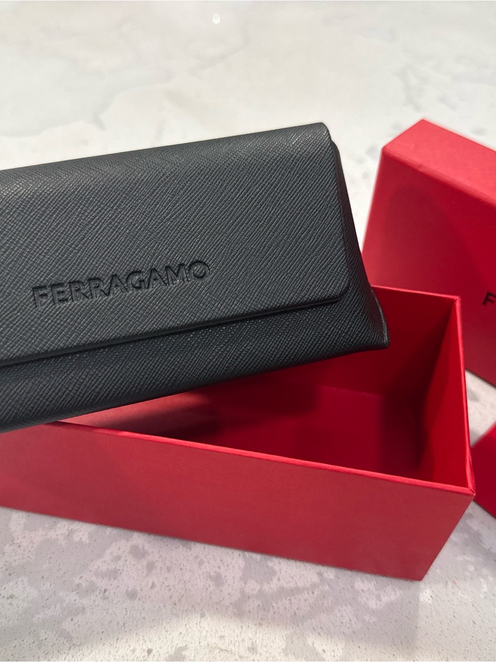 Salvatore Ferragamo Black Leather Glasses Case with Red Gift Box